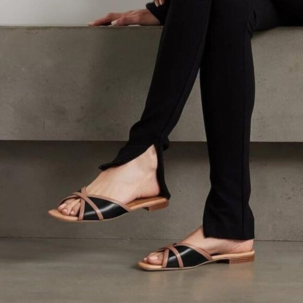 FOWT Open Square Toe Flat Sandals Chic Two Tone Crisscross Strappy Soft Leather